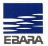 Logotipo de EBARA con un cuadrado azul y líneas onduladas blancas sobre el texto gris