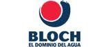 Logotipo de BLOCH con un emblema circular rojo y azul y el eslogan «EL DOMINIO DEL AGUA»