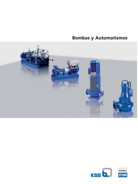 Bombas industriales azules y equipos de automatización sobre un fondo gris claro con el texto «Bombas y Automatismos»