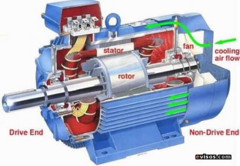 Diagrama en corte de un motor eléctrico que muestra el estator, el rotor, el ventilador y la dirección del flujo de aire de refrigeración