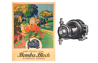 Póster publicitario vintage de Bambaloco, con un paisaje colorido y un dispositivo mecánico negro sobre fondo blanco