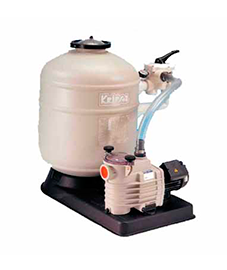 Purificador de agua beige con bomba y base negra sobre un fondo blanco