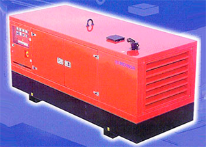 Unidad generadora industrial roja con rejillas de ventilación, asa y panel de control sobre un fondo azul
