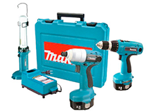Juego de herramientas inalámbricas Makita azul con taladro, atornillador de impacto, linterna, cargador y maletín