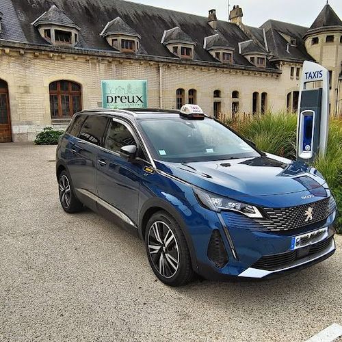 Une voiture Peugeot bleue avec le lumineux Taxi.