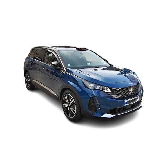 Une voiture bleue vue de biais.