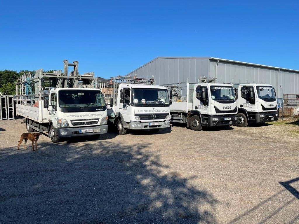 Vier weiße Pritschenwagen parken an einem sonnigen Tag vor einem Gebäude. Ein Hund steht daneben.