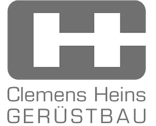 Logo von Clemens Heins GERÜSTBAU; ein weißes 'H' in grauer rechteckiger Form, mit Text darunter.