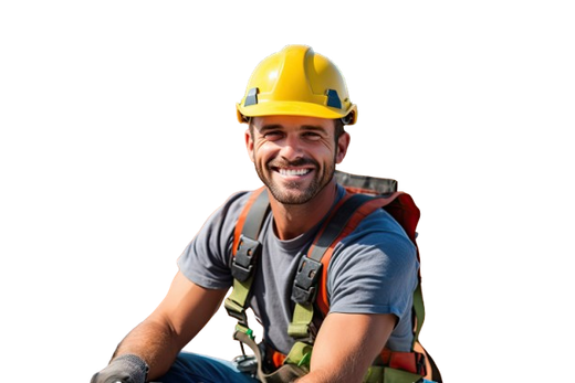 Un homme portant un casque de chantier jaune et un harnais de sécurité sourit.