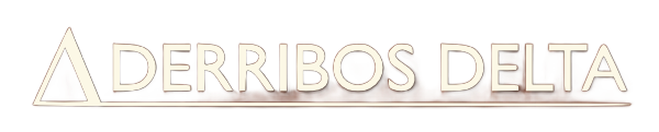 El logotipo “DERRIBOS DELTA” en fuente blanca, sans-serif, precedido de un icono triangular, todo ello sobre un fondo oscuro.