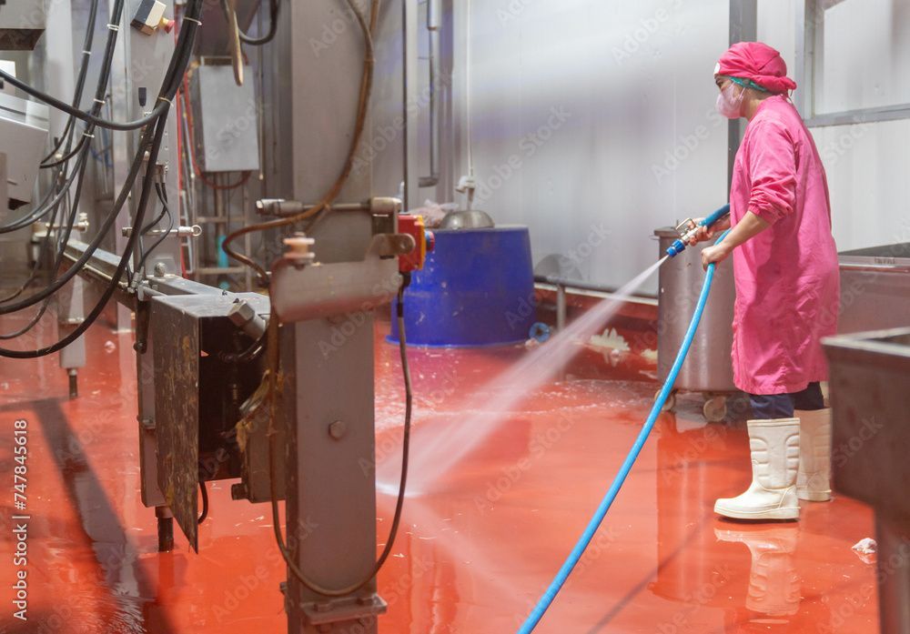 Ouvrier en tenue de protection rose arrosant un sol industriel rouge avec un tuyau d'arrosage dans un environnement d'usine