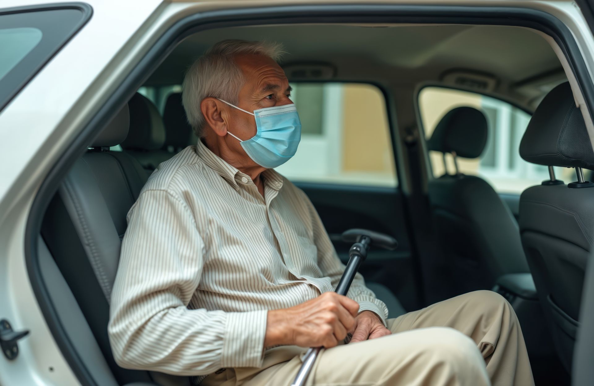 Une personne âgée avec un masque sanitaire.