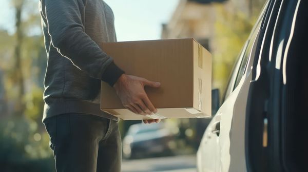 Une personne qui porte un carton.