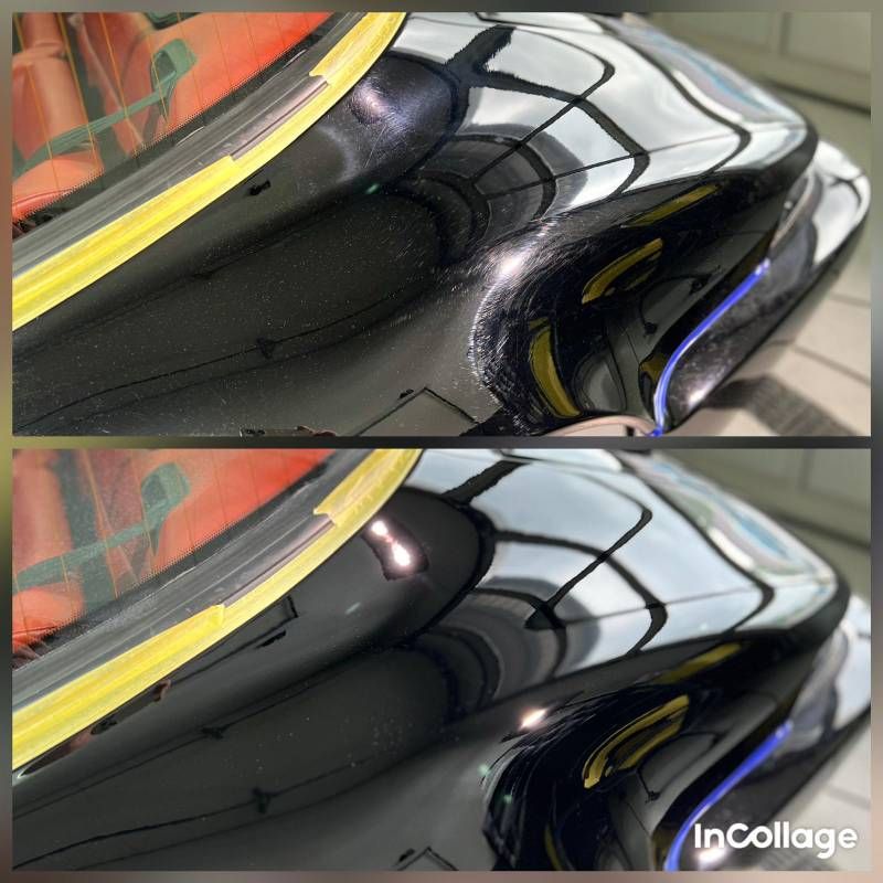 Ein Vorher-Nachher-Foto eines schwarzen Autos. Foto von L&D Clean & Polish