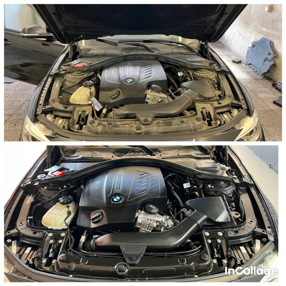 Gezeigt wird ein BMW-Motor vor und nach der Reinigung.