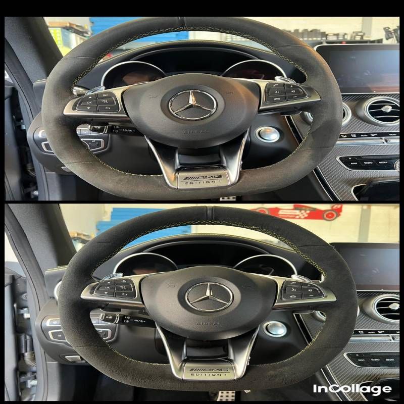 Ein Vorher-Nachher-Bild eines Mercedes-Benz-Lenkrads. Foto von L&D Clean & Polish