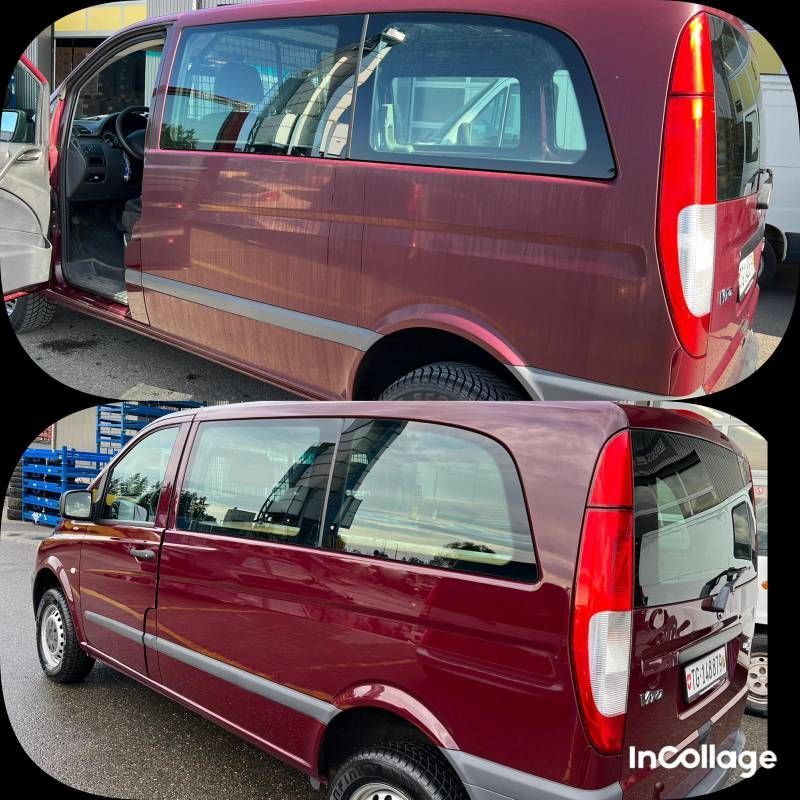 Ein Vorher-Nachher-Foto eines roten Lieferwagens. Foto von L&D Clean & Polish