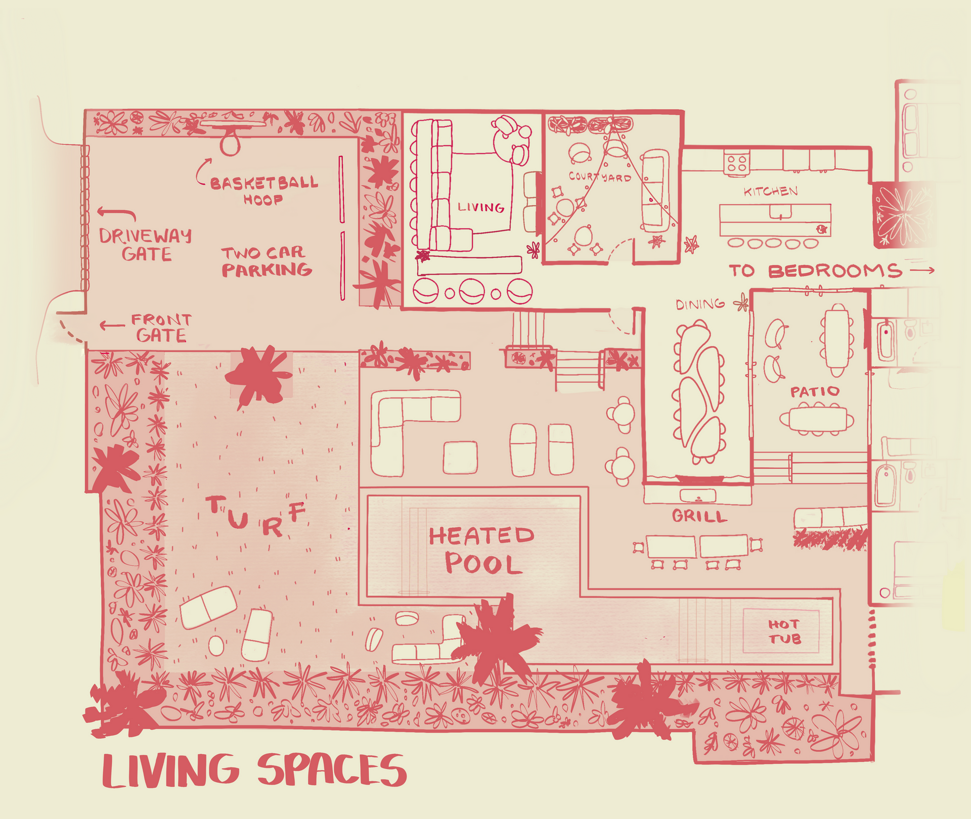 A drawing of a living space with a heated pool