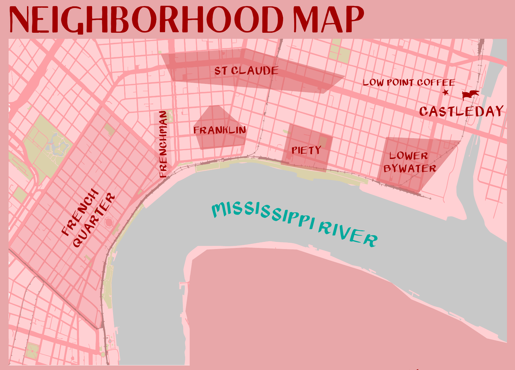 A map showing the neighborhoods of mississippi river