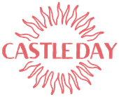 A red logo for castle day with a sun in the middle