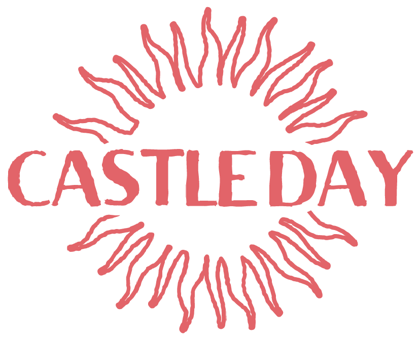 A red logo for castle day with a sun in the middle