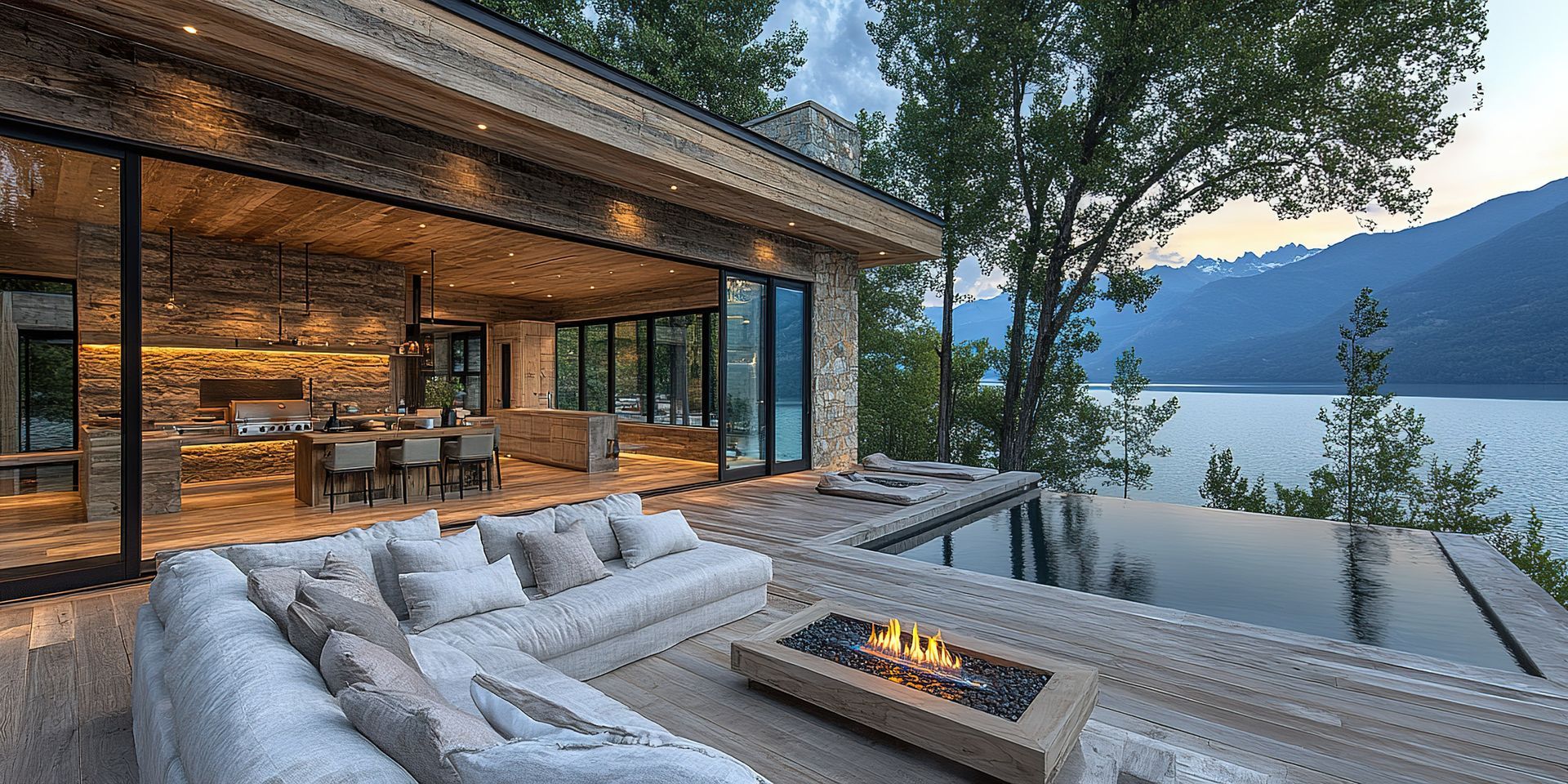 Une villa et sa terrasse en bois avec un brasero.
