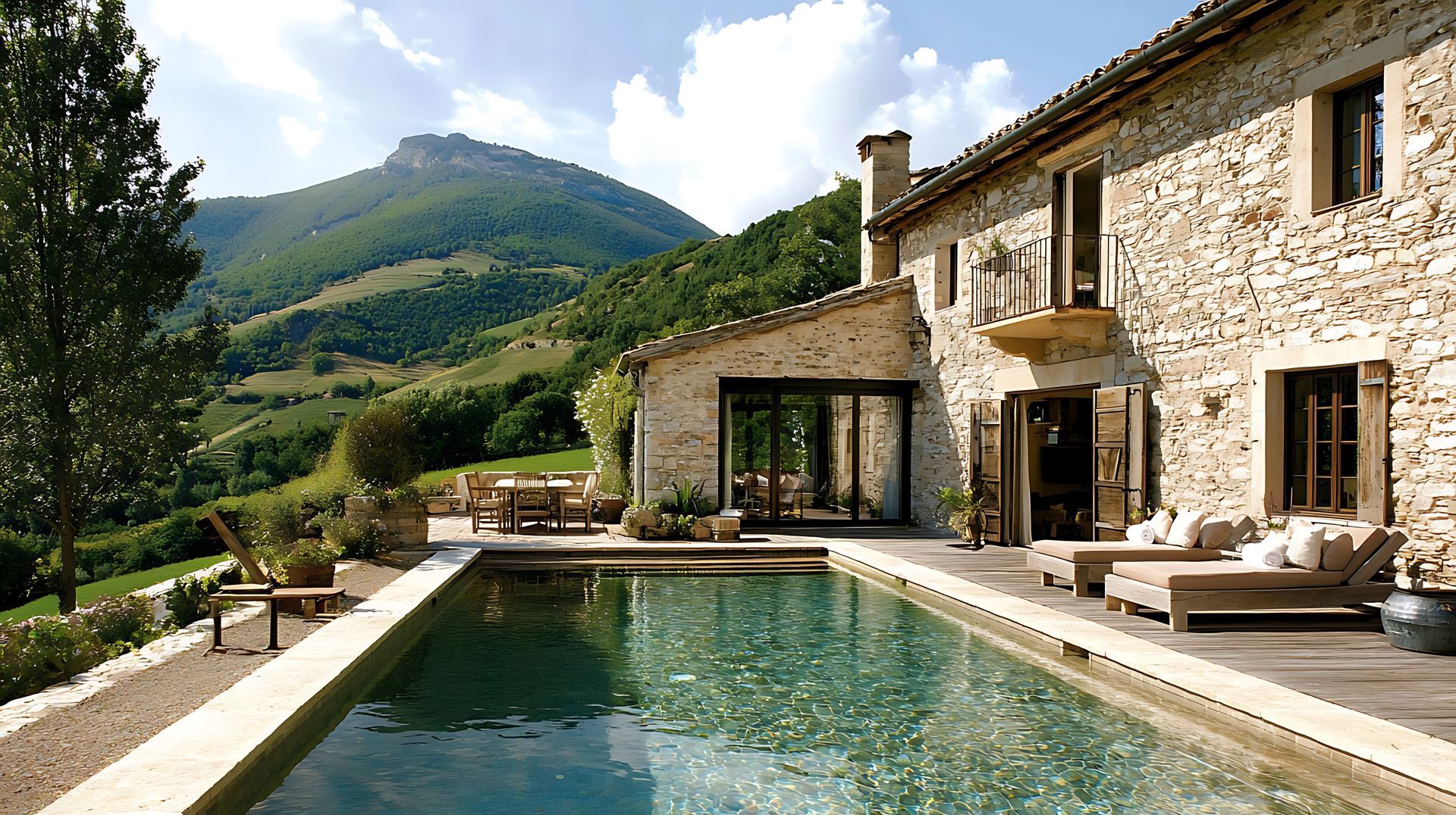 Une grande terrasse avec piscine autour d'une villa en pierre.