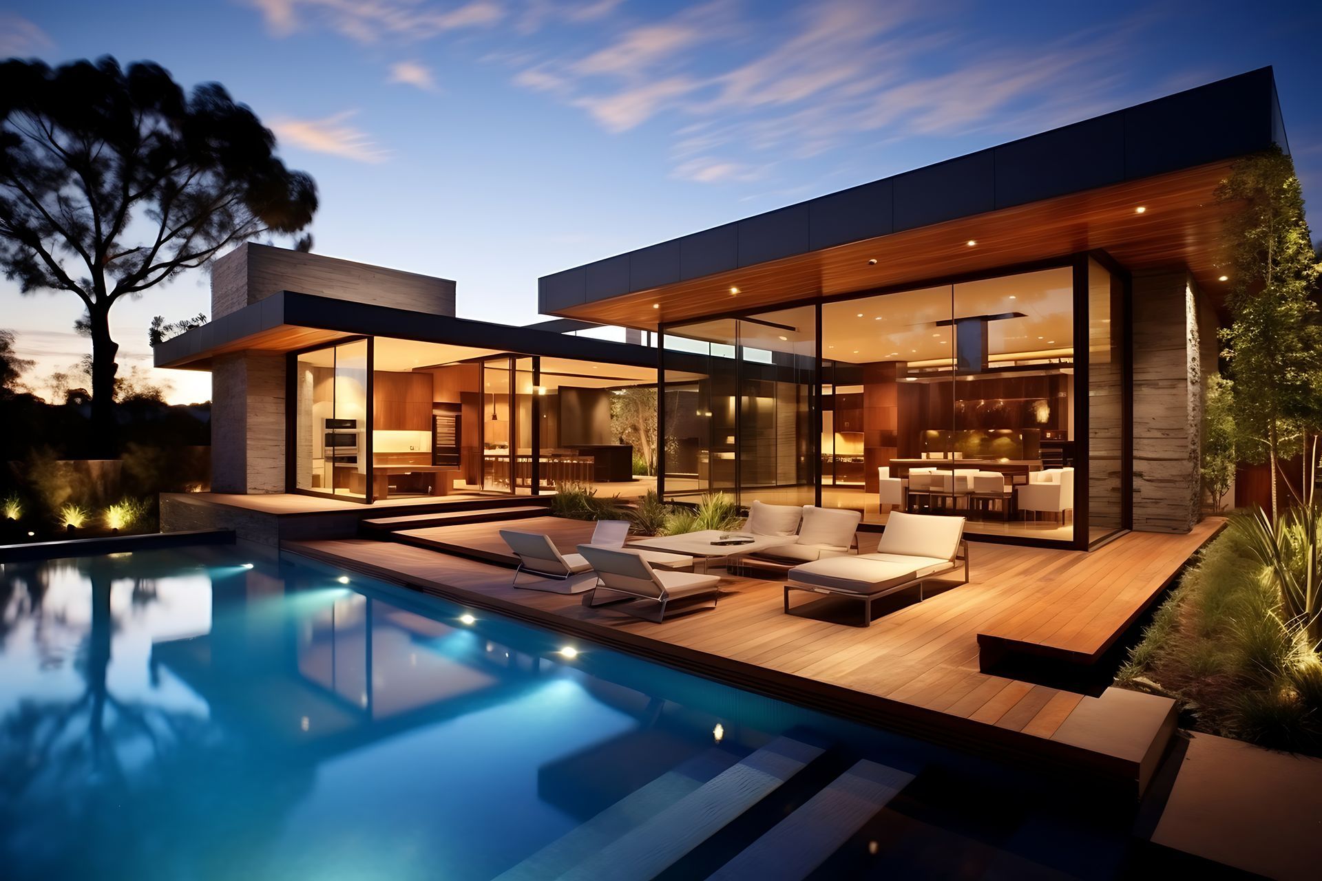 Vue extérieure de nuit d'une maison moderne avec piscine.