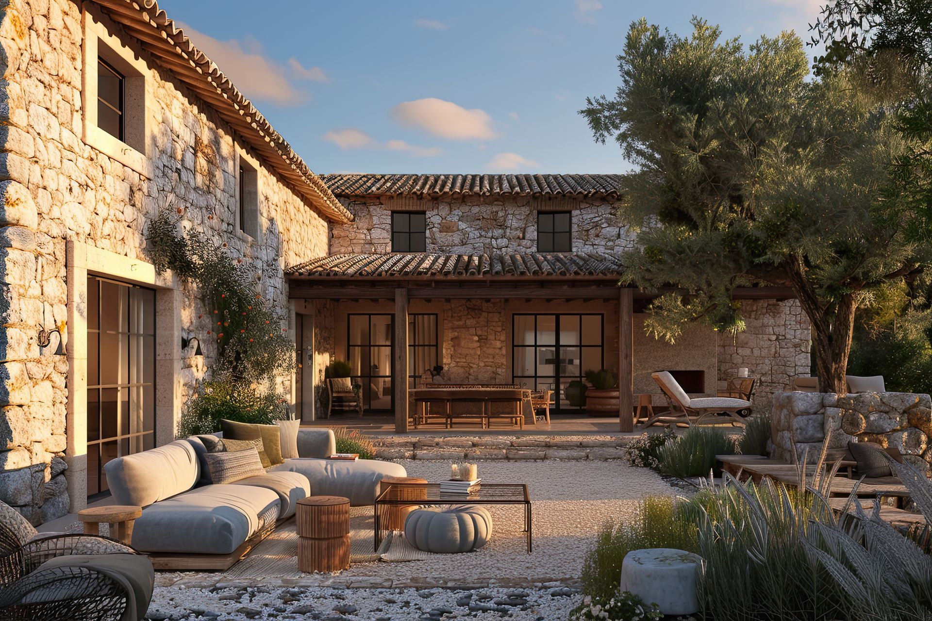 Vue extérieure d'une grande maison en pierre de type méditerranéen.