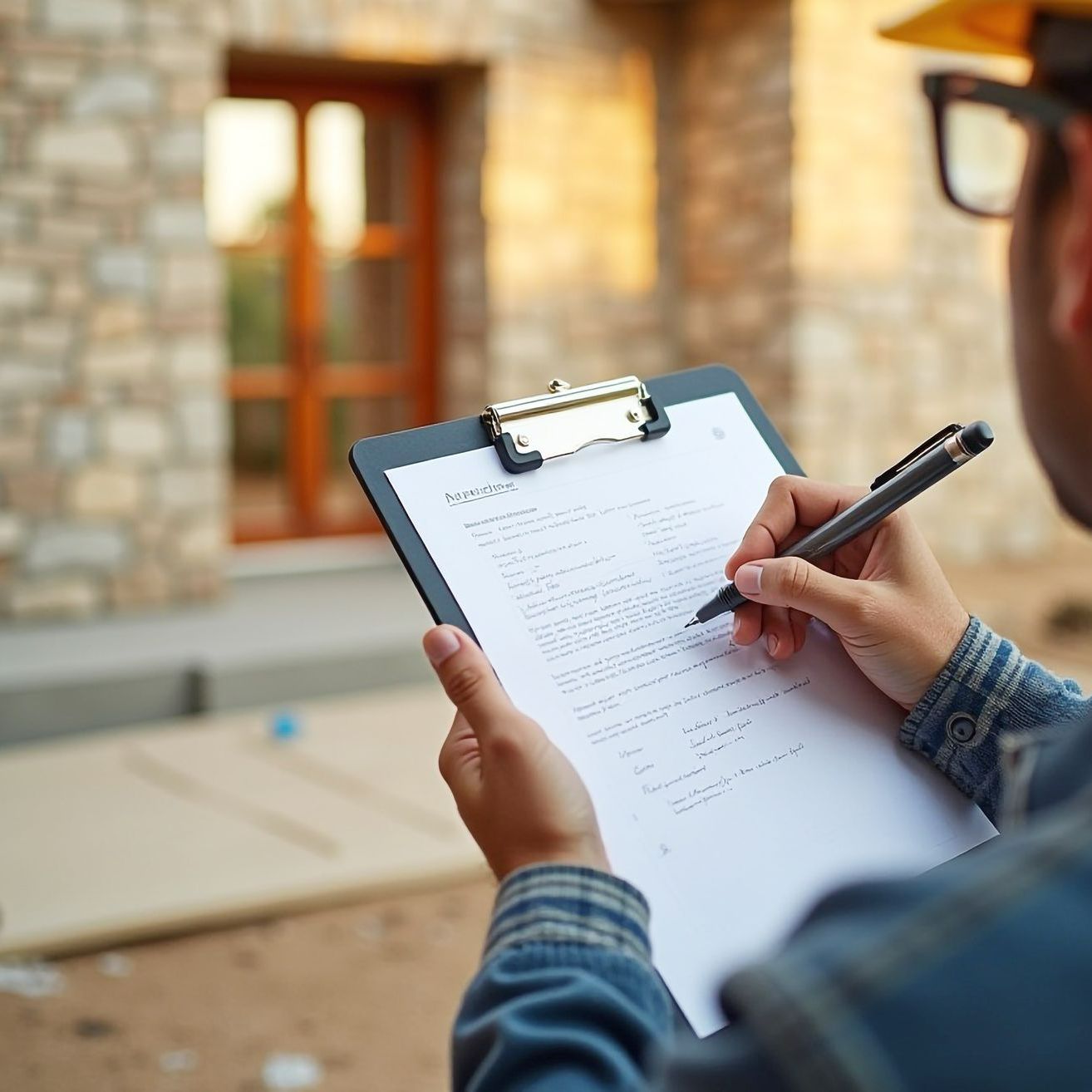 Un expert note l'état d'une maison sur un bloc-notes.