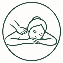 Ilustración lineal de una persona recibiendo un masaje de espalda dentro de un marco circular