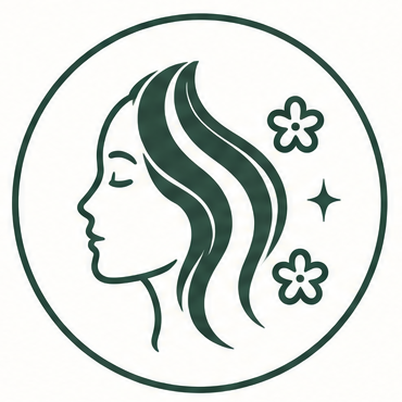 Logotipo en línea verde del perfil de una mujer con el cabello suelto, flores y un destello dentro de un círculo