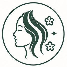Logotipo en línea verde del perfil de una mujer con el cabello suelto, flores y un destello dentro de un círculo