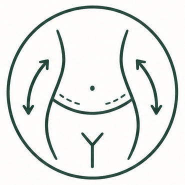 Icono lineal de un torso con flechas que indican la reducción de cintura o el moldeado corporal