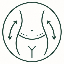 Icono minimalista de líneas negras de un torso con flechas curvas que indican un ajuste de la cintura o la silueta