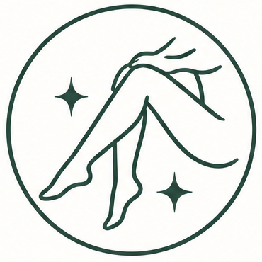 Icono lineal de unas piernas cruzadas dentro de un círculo, con dos destellos, en verde oscuro sobre fondo blanco.