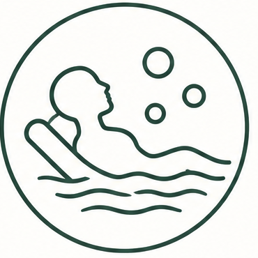 Icono lineal de una persona flotando en el agua con burbujas dentro de un círculo, delineado en verde oscuro