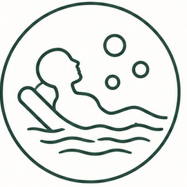 Icono lineal de una persona flotando en el agua con burbujas dentro de un círculo, delineado en verde oscuro