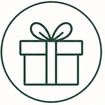 Icono de una caja de regalo con contorno verde dentro de un círculo, con un lazo en la parte superior.