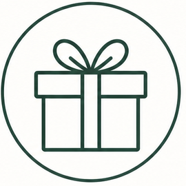 Icono de una caja de regalo con contorno verde dentro de un círculo, con un lazo en la parte superior.