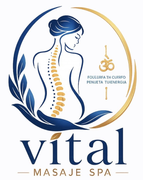 Logotipo de Vital Masaje Spa: una mujer estilizada, una columna dorada y hojas azules sobre fondo blanco.