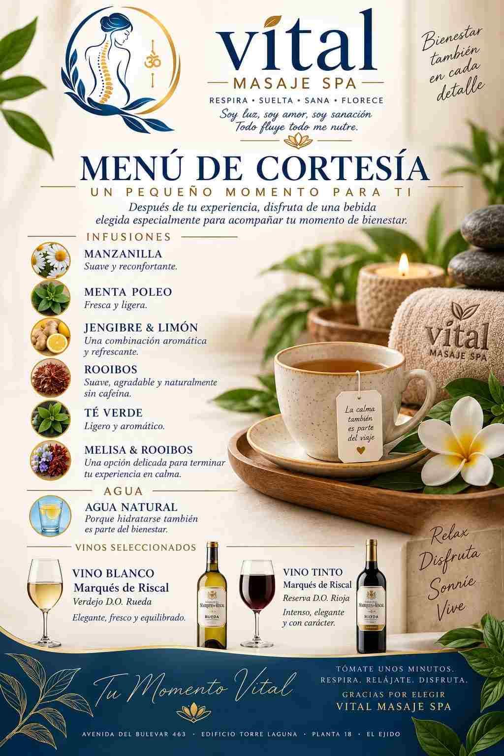 Menú de cortesía de Vital, con bebidas y frascos en tonos beige y azul sobre un fondo floral.