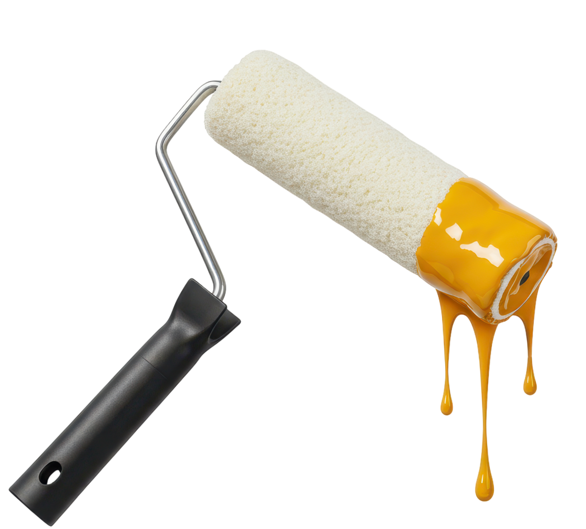 Un rouleau de peinture avec de la peinture jaune.