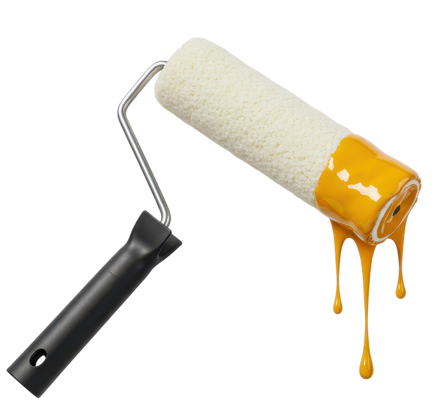 Un rouleau de peinture avec de la peinture jaune.
