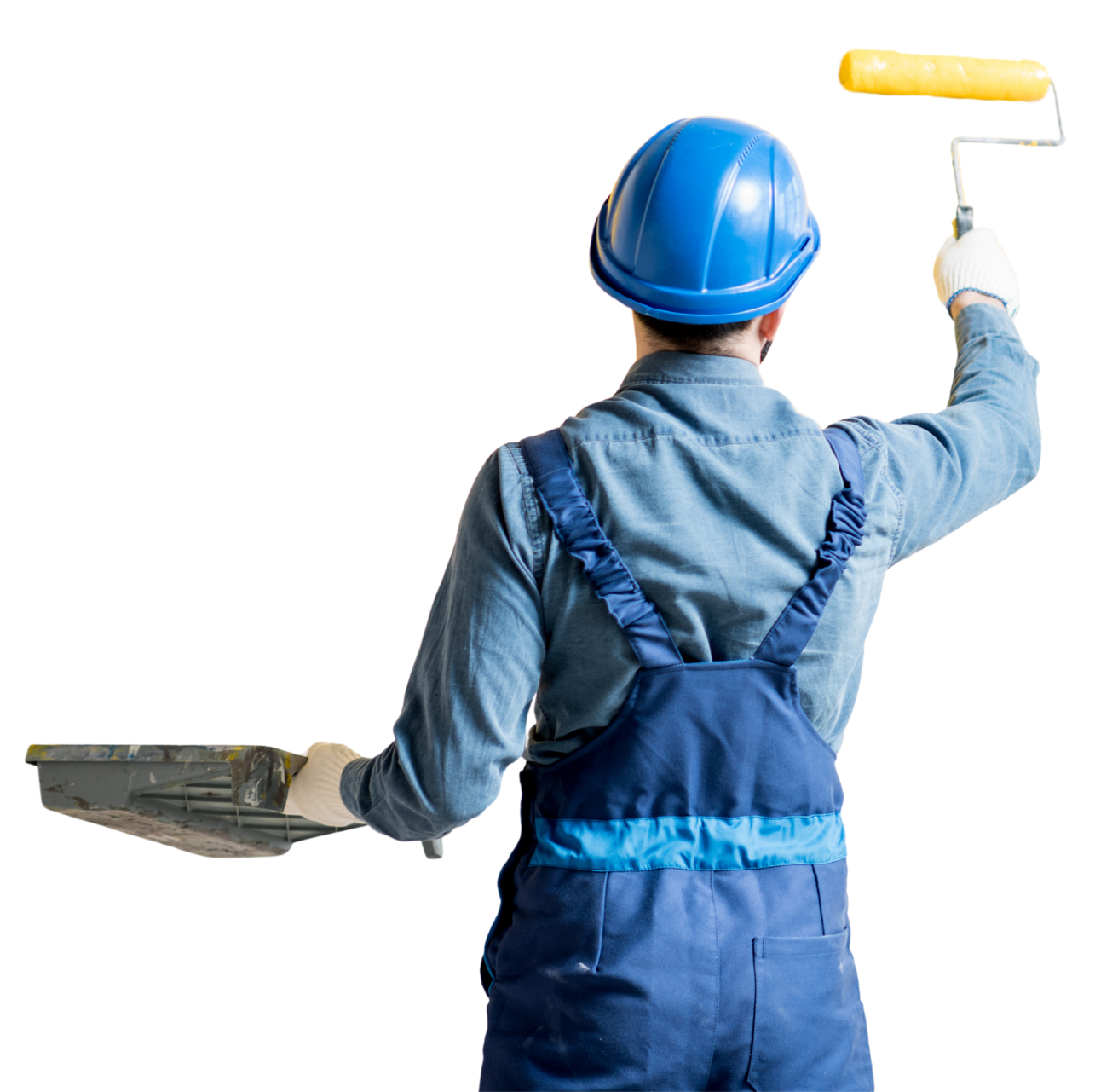 Un peintre, vu de dos, tient un rouleau de peinture jaune.