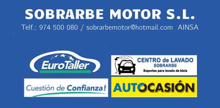 Logotipo para Sobrarbe Motor SL en AINSA, con datos de contacto, logotipos de EuroTaller y Autocasion.