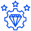 Un engranaje azul con un diamante y tres estrellas.