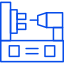 Un icono azul y blanco de un taladro y un destornillador sobre un fondo blanco.
