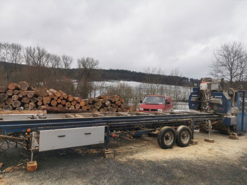 Baumstämme werden auf Transporter von Tribale Günter Mobiles Sägewerk verladen