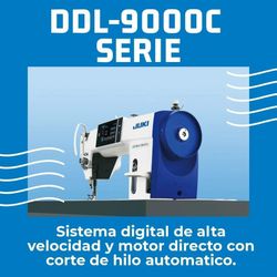 A blue and white sewing machine with the words sistema digital de alta velocidad y motor directo con corte de hilo automatico